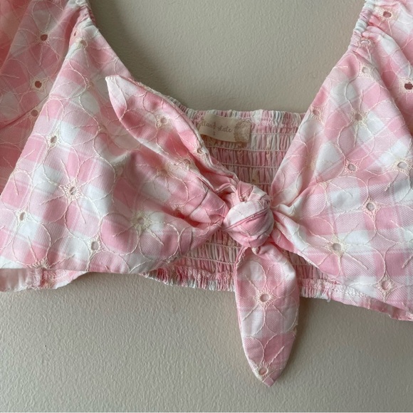 Altar'd State Gingham Crop Top Tie Front Puff Sleeve Eyelet Coquette NWT - Picture 4 of 8